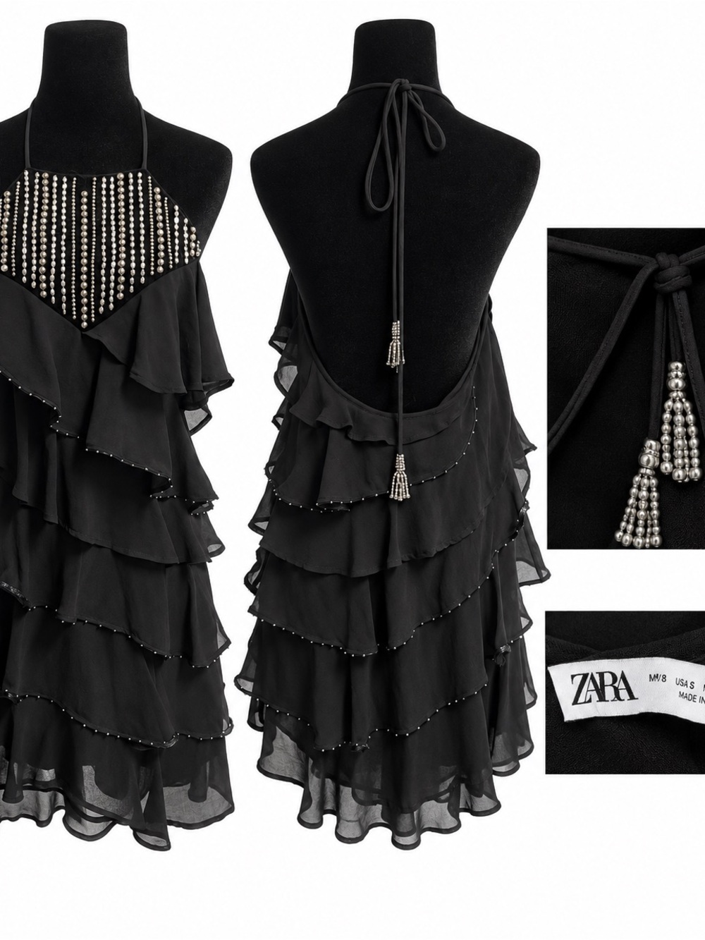 Zara Black Beaded Halter Tiered Ruffle Mini Dress